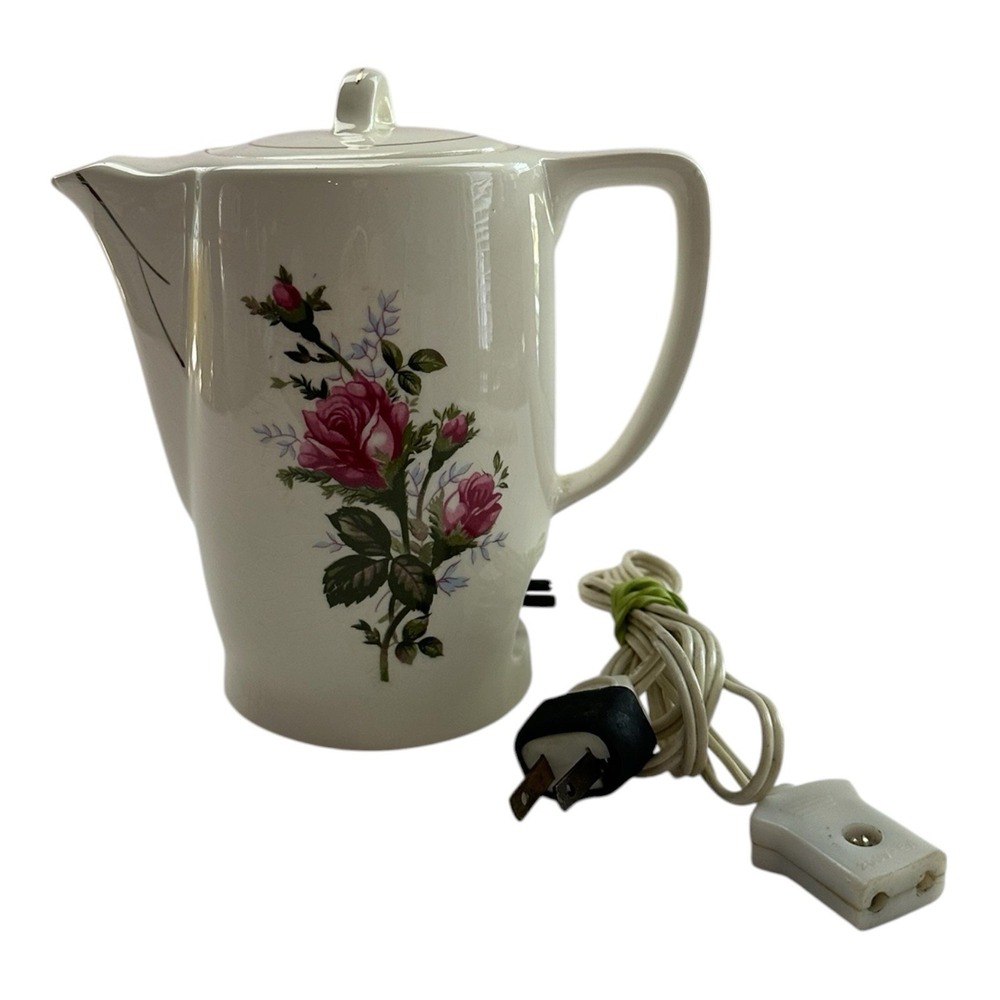 Vintage Japan Ceramic Electric Tea Coffee Pot Pink Roses 120V 350W w/Cord
